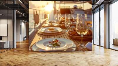 Luxury fine dinner with champagne wine on luxury yacht in sea. Wall mural