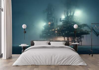 Offshore oil drill platform in sea at night. Wall mural