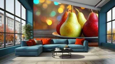 Pear fruit in plate with abstract bokeh background Wall mural