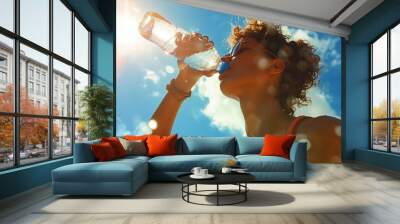 People drink bottle water with glowing hot sun in sky in summer Wall mural