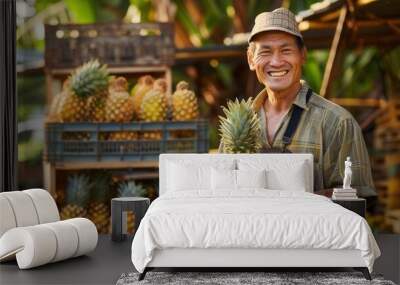 Portrait of a smiling male farmer with fresh pineapple Wall mural