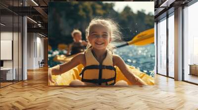 Portrait of children kayaking in tropical sea water Wall mural