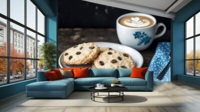 Raisin cookies with coffee on table Wall mural