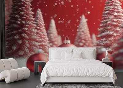 Red background template with ornament ball christmas tree for holiday greeting card poster design. Wall mural