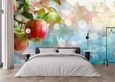 Ripe beautiful apple fruit on tree in plantation farm orchard Wall mural