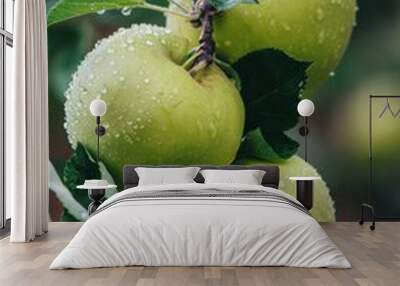 Ripe beautiful green apple fruit on tree in plantation farm orchard Wall mural