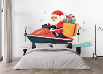 Santa riding a jetski with gift bag box. Wall mural