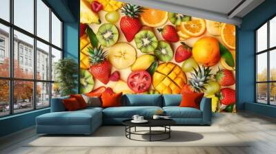 Seamless background of summer seasonal tropical fruits Wall mural