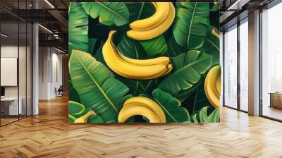 Seamless pattern background of fresh banana fruit yellow golden and green Wall mural