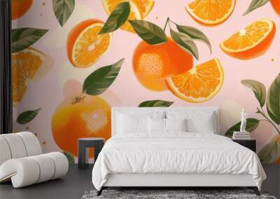 Seamless repetitive background pattern of fresh orange fruit with leaf Wall mural