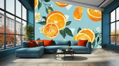 Seamless repetitive background pattern of fresh orange fruit with leaf Wall mural