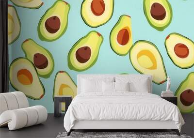 Seamless repetitive pattern background flat vector illustration of fresh avocado fruit Wall mural