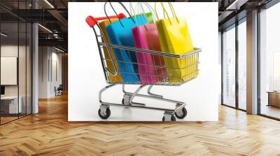 shopping bags in shopping cart over white background Wall mural