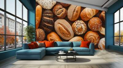 Top view of fresh bakery bread background. Wall mural