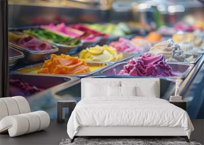 Trays of various flavor colorful ice cream in restaurant dessert section. Wall mural