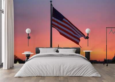 US national flag flying in air with capitol hill building in washington dc Wall mural