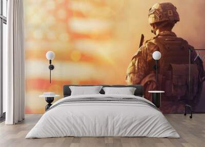 US soldier with national flag Wall mural