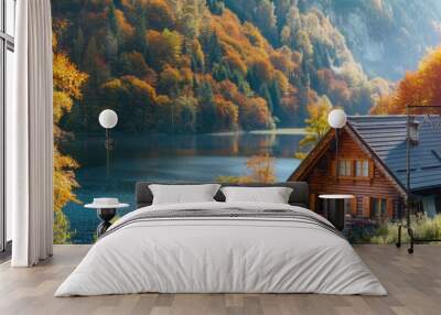 Vacation house with scenic view in Fall with colorful foliage by lake Wall mural