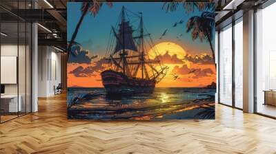 Vector illustration of a sailing ship Wall mural