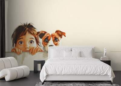 Vector illustration of cute dog and little kid Wall mural