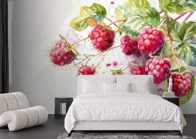 Watercolor drawing painting of rasberry plant fruit Wall mural