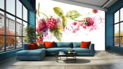 Watercolor drawing painting of rasberry plant fruit Wall mural