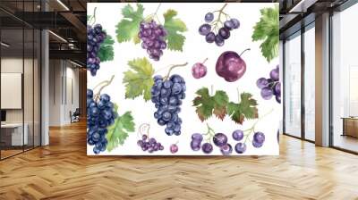 Watercolor illustration drawing of grape leaf vine Wall mural