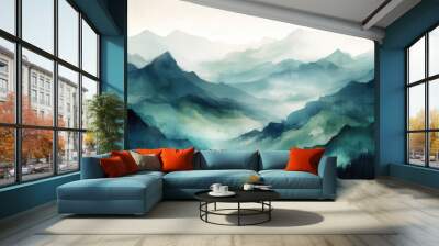 Watercolor of mountain landscape of peaks and valleys in blue and green, generative ai Wall mural