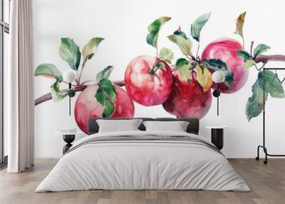 Watercolor painting of a branch of apple fruit with leaf Wall mural