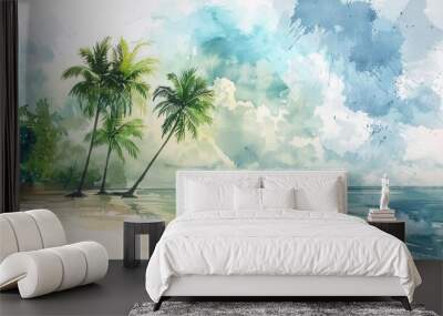 Watercolor painting of paml tree and island Wall mural