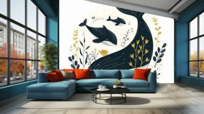 Whale. Flat vector illustration of cute animal. Baby nursery art. Wall mural