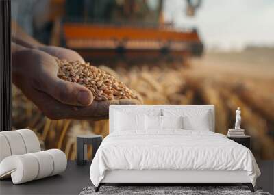 Wheat grains in hands of farmer in wheat field. Wall mural