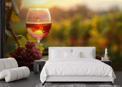 Wine glass grape with background of grape plantation winery Wall mural