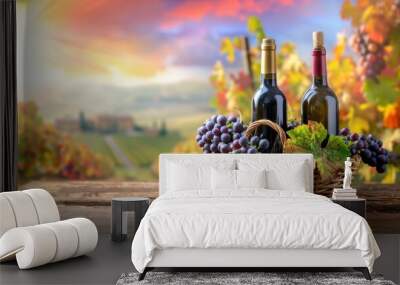 Wine glass grape with background of grape plantation winery Wall mural