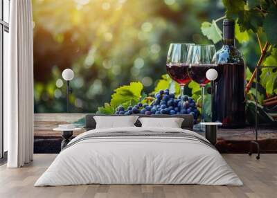 Wine glass grape with background of grape plantation winery Wall mural