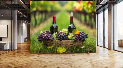 Wine glass grape with background of grape plantation winery Wall mural