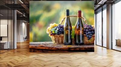 Wine glass grape with background of grape plantation winery Wall mural