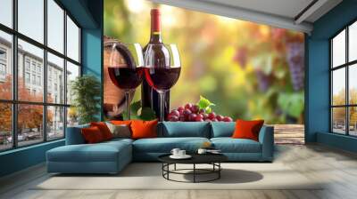 Wine glass grape with background of grape plantation winery Wall mural