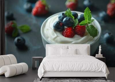 Yogurt with blueberry fruit in bowl Wall mural