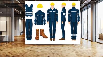 man worker in uniform. professional protective clothes, boots and yellow safety helmet. various turn Wall mural