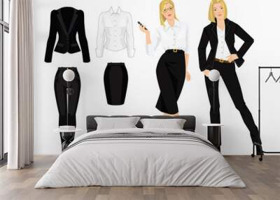 Vector illustration of business lady or professor in formal black suit. Serious blonde girl in glasses. Corporate dress code. Black uniform for women.  Wall mural