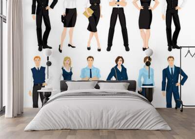 Vector illustration of corporate dress code. Man and woman in official blue and black suits isolated on white background. Formal wardrobe. Wall mural