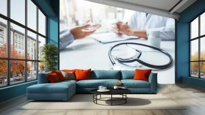 Doctors and patients consulting and diagnostic examining sit and talk. At the table near the window in the hospital medicine concept Wall mural