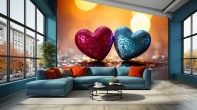 Valentines day festive background with two hearts In Shiny multicolor Background Valentine's Day glitter background Wall mural