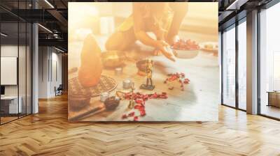 Beautiful altar with rose petals. Cacao ceremony space. Wall mural