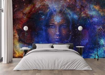 beautiful painting goddess woman and color space background with stars. Wall mural