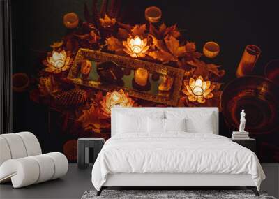 beautiful tibetan bowl and candles, ceremonial space. Wall mural