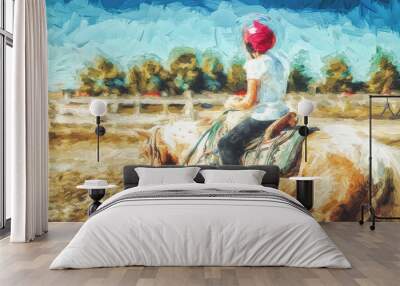 girl trains horse on a beautiful summer day. Painting effect. Wall mural