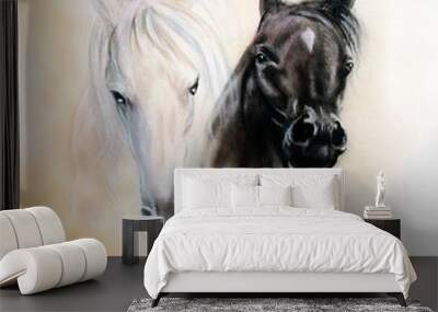 horse heads, two black and white horse spirits, beautiful detail Wall mural