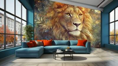 illustration of watercolor lion, abstract color background, generative ai. Wall mural